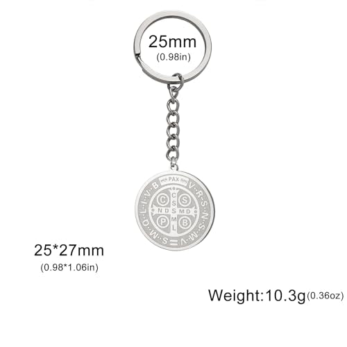 LIKGREAT Saint Benedict Medal Keychain Stainless Steel Exorcism Cross Medal Keyring Catholic Protection Amulet Religious Jewellery for Women Men Sliver