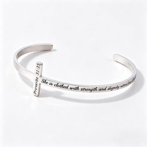 M MOOHAM Silver Cross Bracelet, Christian Gifts for Women "She is clothed with strength and dignity and laughs without fear of the future