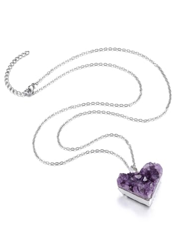 Jovivi Natural Amethyst Cluster Crystal Necklace for Women Men,Irregular Raw Rough Amethyst Quartz Stone Pendant Necklace Jewelry for Spiritual Reiki Healing,Beauty, Love and Positive Energy Silver Plated - Heart Crystal