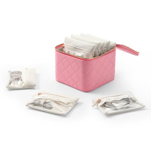Travel Jewelry Box Organizer - Small Jewelry Case with 6 Small Velvet Zipped Pouches Pockets for Jewelry Necklaces Rings Earrings Storage(Pink) Pink