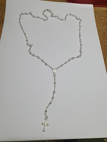 Madonna Prayer Rosary Necklace 60 cm + 12 cm Long with Cross, 3 mm Balls Approximately 3 mm Round Medal and Jesus Cross, taglia unica, Silver Plated Brass, Metal