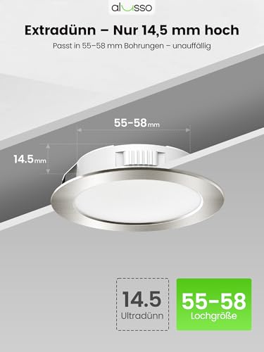 Alusso 12-24 V LED Recessed Ceiling Spotlight, IP44 Furniture Recessed Spotlight, Flat | 4 W, drill hole 55-58 mm and 14.5 mm flat, 3000 K warm white 4000 K neutral white 6000 K cool white, nickel, set of 3 Nickel, 12 V, Ø 55 – 58 Mm, Pack of 3 3er Set