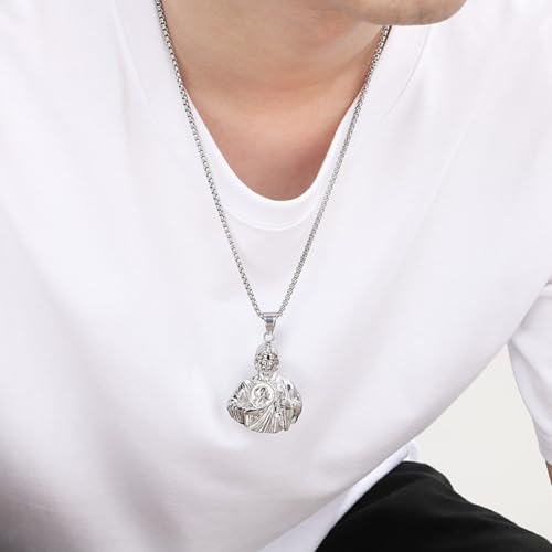 Religious Protection St. Jude Pendant Necklace - Titanium Steel Gold/Silver Tone Hip Hop Cuban Chain, Christian Saint Jewelry for Men Women Silver