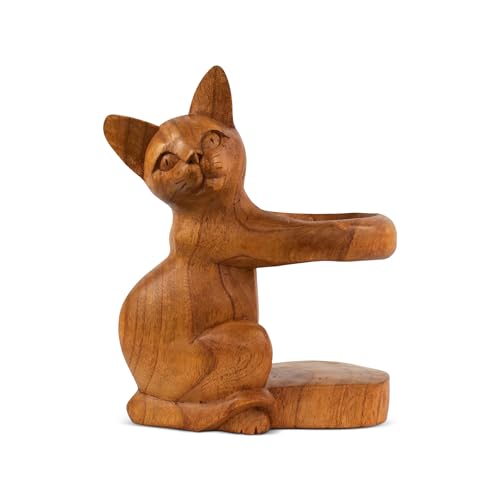 G6 Collection Wooden Handmade Siamese Cat Wine Rack Bottle Holder, Hand Carved Free Standing Sculpture, Handcrafted Wood Bar Decor, Home Accent, Decorative Artwork, Unique Wine Gift Cat Wine Holder