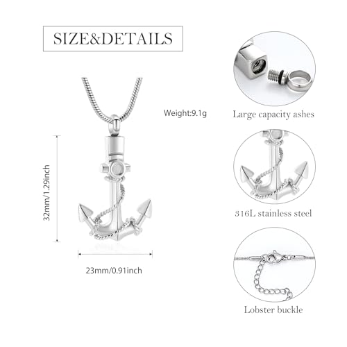 Anchor Urn Necklace for Ashes Cremation Jewelry Stainless Steel Memorial Necklace Ash Holder for Human Pets Keepsake Jewelry for Loved Ones with Fill Tool A-Sliver
