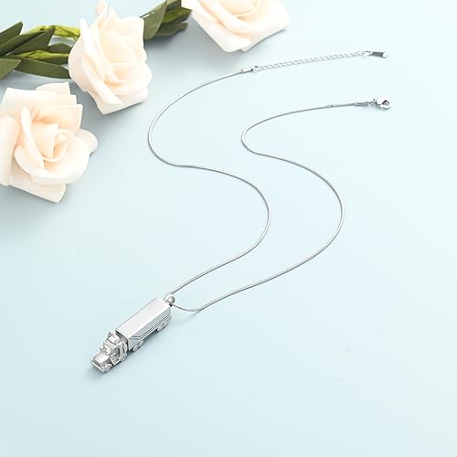 shajwo 18 Wheeler Semi Truck Urn Necklace for Ashes for Men Women Cremation Jewelry of Loved Ones Memorial Locket Pendant Silver