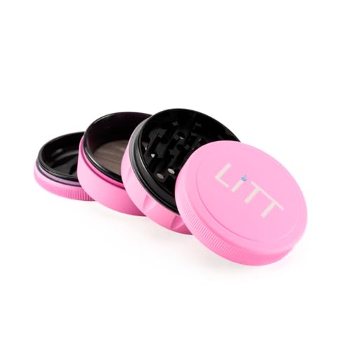 LITT Grinder - Premium Aluminium Herb Grinder with Unique Curved Teeth, Strong Magnetic Top Lid, 4-Piece Design, Kitchen Storage Accessories for Spices and Herbs | Pink