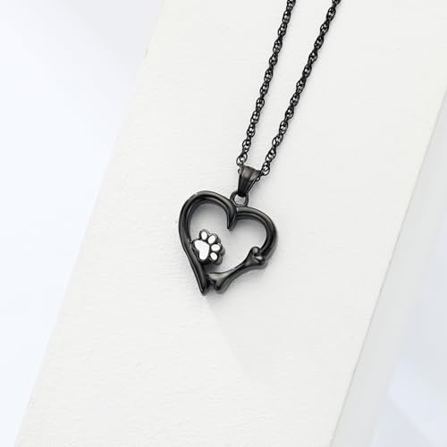 Paw Print Urn Necklace Heart Locket Necklace for Ashes Dog Cat Charms Pendant Cremation Jewelry Cat Dog Keepsake Memorial Gifts for Women Girls (Black) Black