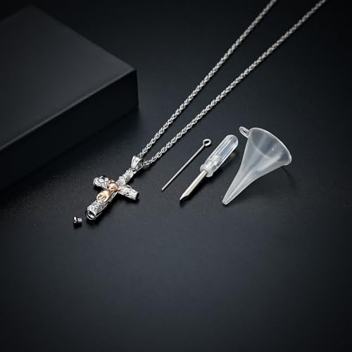 Cross Urn Necklace for Ashes Cross Necklace Pendant Cat Cremation Jewelry Stainless Steel Christians Memorial Keepsake Pet Urn Ash Pendant Ashes Necklace for Men Rose-Gold
