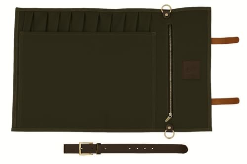 EVERPRIDE Stunning Waxed Canvas Roll Bag in Rich Dark Green w Genuine Leather Trim. Handsome Professional Chef Knife Roll Bag with upto 14" Knives and Storage Compartments A Super Gift
