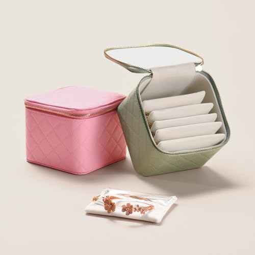 Travel Jewelry Box Organizer - Small Jewelry Case with 6 Small Velvet Zipped Pouches Pockets for Jewelry Necklaces Rings Earrings Storage(Pink) Pink