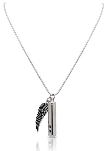 Royal Matter Cylinder with Paw Prints and Angel Wing Stainless Steel Cremation Urn Pendant with Chain-Silver