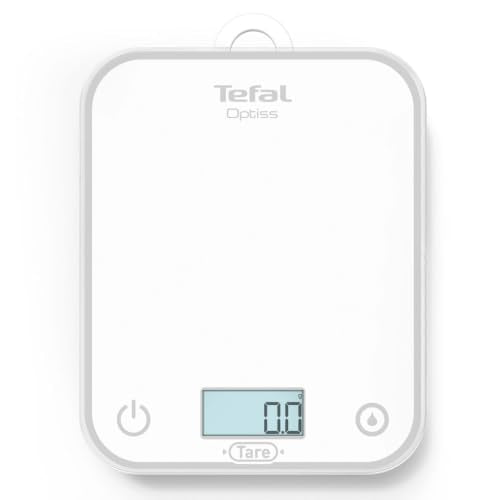Tefal Optiss BC50U0V0 Electronic Kitchen Scale, Easy-to-Read Backlit Display, Scratch-Resistant, Accuracy 0.5 g, Tare Function, Capacity 5 kg, Batteries Included, White White Glass