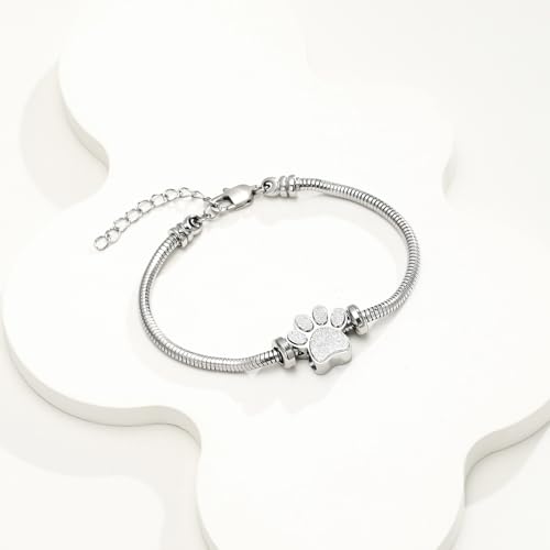 Urn Bracelet for Ashes for Women Men Dog Cat Paw Print Pet Cremation Jewellery Adjustable Memorial Keepsake Snake Link Bracelet silver