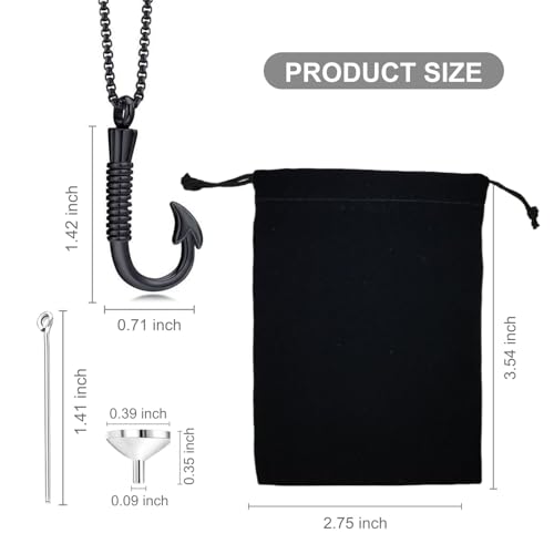Urn Necklace for Men Stainless Steel Fishing Hook Pendant Charm that Holds Human Ashes Mens Cremation Jewelry Ash Holder Memorial Fish Pendants and Urns for Ash Tribute