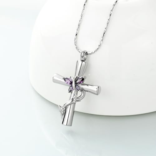 Imrsanl Cross with Butterfly Urn Necklaces for Ashes for Women Silver Purple