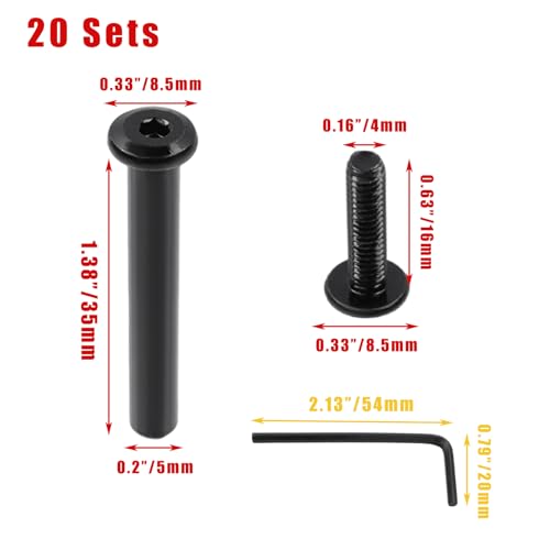 Tighall M4×35mm black furniture bolts and barrel nuts kit with Allen wrench, 20 sets for woodworking and TV stands