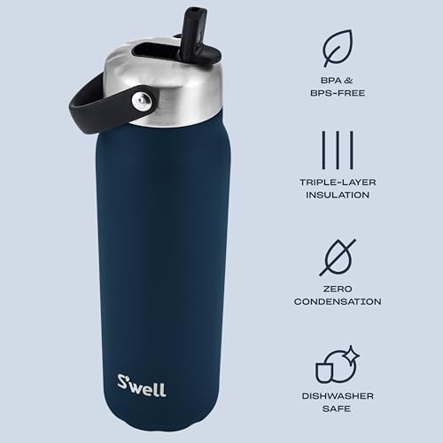 S'well Recycled Stainless Steel Explorer with Flip Straw Lid, 24oz, Azurite, Triple Layered Vacuum Insulated Container Keeps Drinks Cold for 36 Hours and Hot for 8