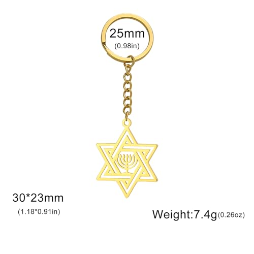 VASSAGO Star of David Keychain for Women Men Jewish Star Menorah Keyring Stainless Steel Hanukkah Keychain Israel Religious Jewelry Gold