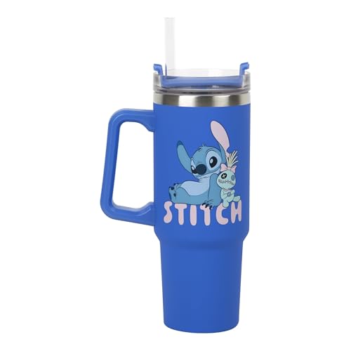 Paladone Disney Stitch 900 ml Blue Insulated Travel Cup and Straw, Officially Licensed Tumbler with Handle for Iced Tea or Coffee, Pop Culture Merchandise for Fans 30.4 Ounces
