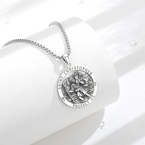 INFUSEU St Christopher Necklace Mens Womens Saint Christopher Medal 925 Sterling Silver Pendant Religious Safe Travels Gift Cristos Catolicos Medallion Catholic Christian Jewelry Easter Christmas