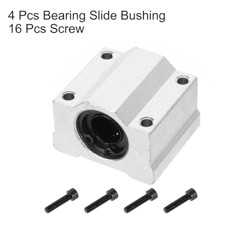 sourcing map 4PCS SCS12UU Linear Motion Ball Bearing Slide Bushing Aluminum 41mm Long Linear Roller Bearing Slide Block for 12mm Round Shaft Rod in 3D Printer, CNC Machine, Silver Tone