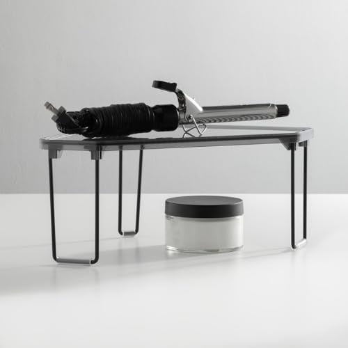 mDesign Plastic/Steel Corner Stackable Rack, Storage Organizer Shelf for Bathroom, Vanity, Countertop, Sink, Cabinet, Holds Makeup, Shower Accessories, Ligne Collection - 2 Pack - Black/Smoke Gray Pack of 2