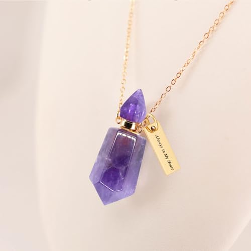 Cremation Gold Urn Necklaces for Ashes for Women Men Natural Crystal Gemstones Keepsake Jewelry Memorial Urn Locket for Human Ashes Holder Gold Purple