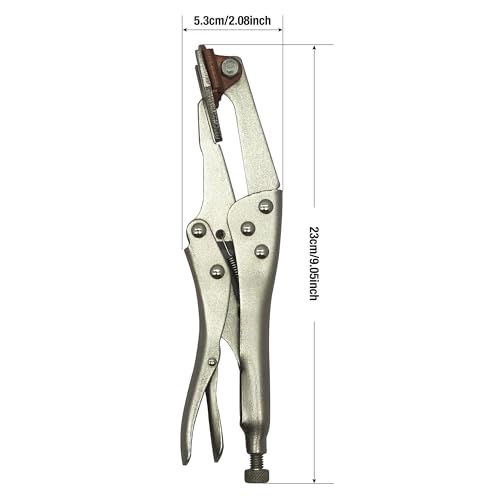 MacWork Plugweld locking plier, close-up of vise grip tool with curved jaws and adjustable locking mechanism