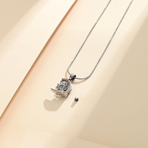 Crescent Moon and Sun Rose Urn Necklace Cremation Jewelry for Human Ashes for Women Men Memorial Ashes Keepsake Pendant Silver