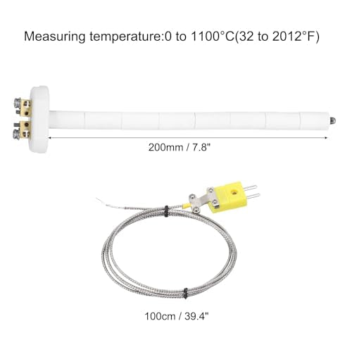 sourcing map 8" K Type Ceramic Kiln Furnace Thermocouple Sensor Probe for Muffle Furnace Oven, with 3.3ft Thermocouple Wire, High Temperature 1100°C 2.5x200mm Gold