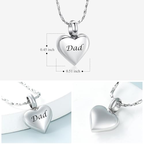 Imrsanl Small Heart Urn Necklace for Ashes Cremation Jewelry for Women Stainless Steel Pendant Memorial Ash Holder Loved Ones Keepsake Silver-Dad