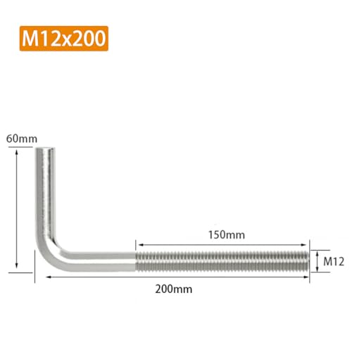 SeeRaphee M12x200mm 304 stainless steel L-shaped foundation bolts, 2-piece right-angle anchor bolt set