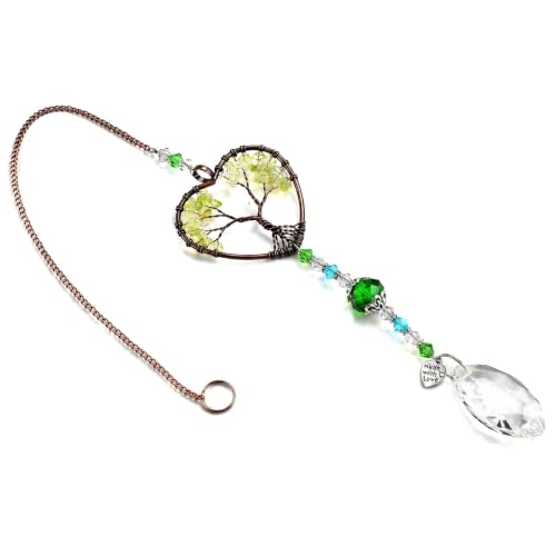 Tree of Life Crystal Suncatcher for Windows, Handmade Green Crystal rainbow Maker Hanging Ornaments for Garden Home Decor Spiritual Gifts for Women Men Friends and Holidays
