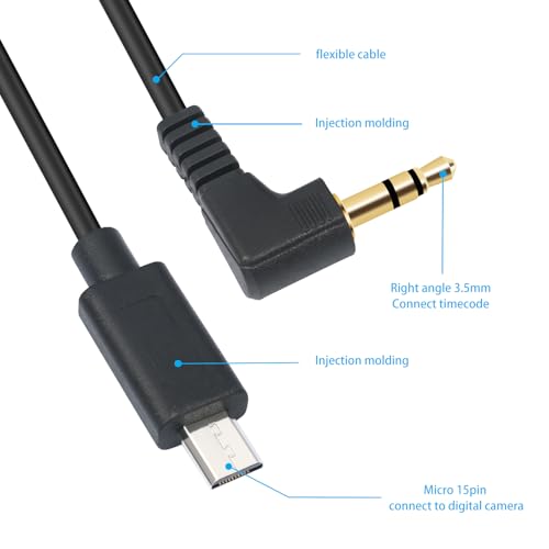 1FT Micro USB 15-Pin to 3.5mm Right Angle Timecode Cable - 90° Angled Camera timecode Cable for FX3 FX-30 A7M3 A7M4 A7S2 A7S3, 3.5mm Audio Timecode Sync, Gold-Plated Connectors 2-Pack