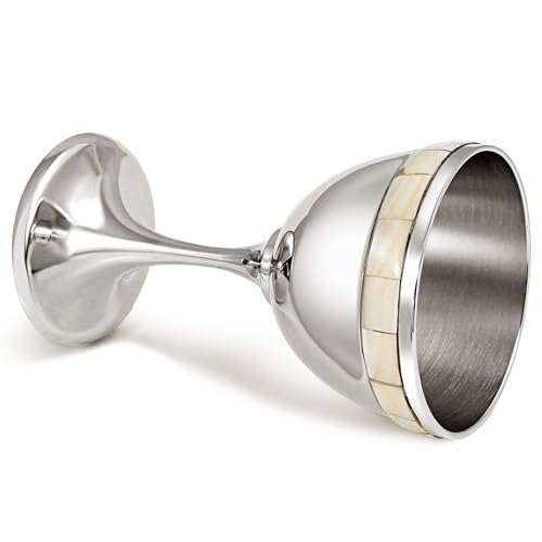 Zion Judaica Luxurious Ivory Natural Pearls Kiddush Cup 5" Shabbat Wine Goblet Nickel Inlaid Cream Pearl Tiles 4 oz Passover Seder Wine Cup for Bar/Bat Mitzvah Wedding Beautiful Shabbat Cup of Elijah