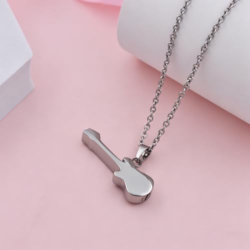 Guitar Cremation Jewelry for Ashes, Stainless Steel Guitar Shaped Urn Necklace for Men Women, Music Memorial Keepsake Pendant with Screw-Thread Chamber for Loved One Silver