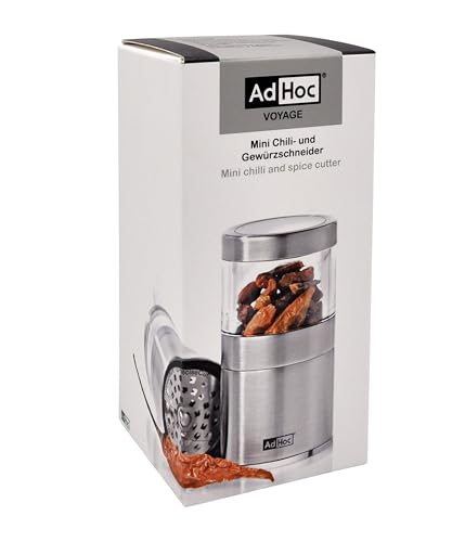 AdHoc Voyage Mini Chilli Cutter/Spice Cutter | Stainless Steel/Acrylic | PreciseCut Technology, Compact Spice Mill | (H) 75 mm x (D) 38 mm | Clear/Silver