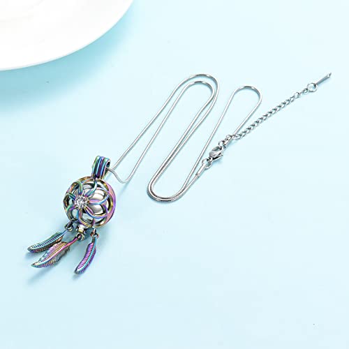 Dream Catcher Urn Necklace for Ashes Cremation jewelry for Women Men Stainless Steel Memorial Necklaces Ash Holder for Human Pets Keepsake Jewelry with Fill Tool Rainbow-Silver