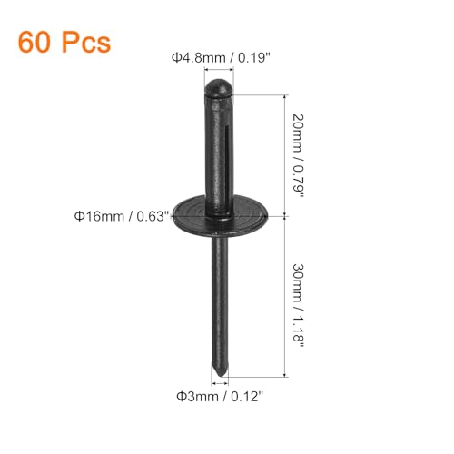 uxcell black aluminum large head tri-grip blind rivets, 3/16 x 3/4 inch, 60-piece pack for repairs