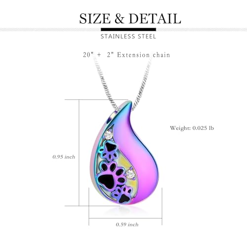 Yinplsmemory Pet Paw Print Teardrop Urn Necklace for Ashes for Dog/Cat Ashes Keepsake Memorial Pet Cremation Jewelry Rainbow