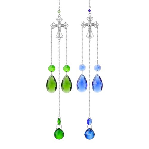 Cross Suncatcher, 16 Inch Blue Green Crystal Sun Catcher, Cross Gift for Religious, Christian Gifts, Easter Faith Home Decor Set of 2