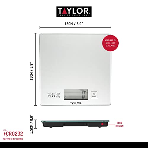 Taylor Pro Digital Cooking Scales with Touchless Tare, For Dry & Liquid Weighing, Gift Boxed, Silver, 5kg / 5000ml Capacity