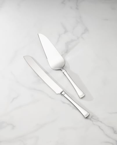Lenox Portola silverware cake knife and server set for desserts, featuring polished metal handles and intricate design details.