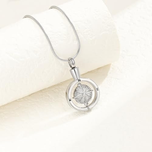 Compass Urn Necklace for Ashes Stainless Steel Cremation Jewelry Memorial Necklace Urn for Human Ashe of Loved Ones A