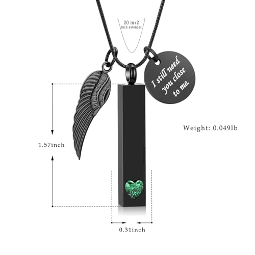 Cremation Jewelry for Ashes Angel Wing Charm Vertical Bar Urn Necklace Stainless Steel Memorial Keepsake Ash Locket Pendant for Women Men Black&Green