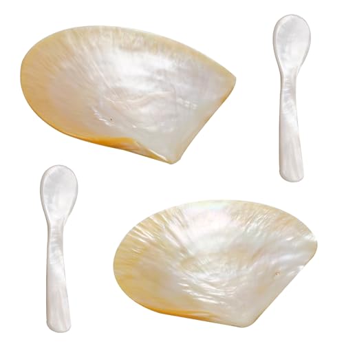 4 Pcs Natural Shell Plate Set, Includes 2 Gold Mother of Pearl Caviar Plates with 2 Pearl Spoons, Suitable for Storing Various Small Items or Holiday Gifts