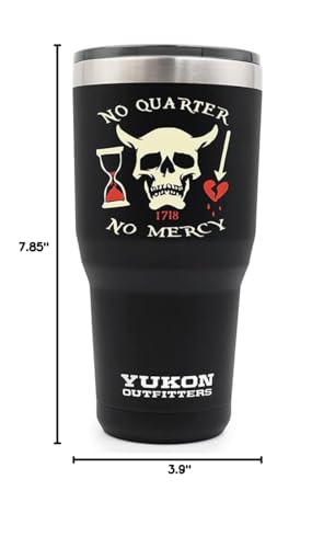 Yukon Outfitters Freedom High Grade 18/8 Stainless Steel Double Wall Vacuum Insulated Tumbler (30oz / 890ml) - 7.85" H x 3.9" Top Dia. / 2.9" Bottom dia., Black with 'No Quarter' Pirate print 30 Ounces