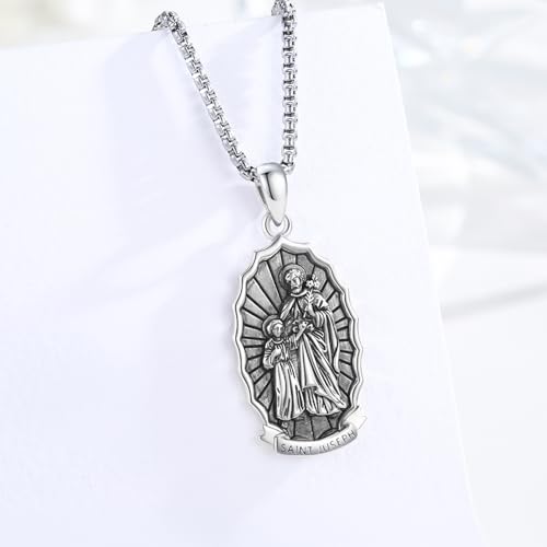925 Sterling Silver Santa Muerte/St Benedict/Virgin Mary/Saint Jesus/Saint Joseph Miraculous Medal Necklace for Men Saint Joseph