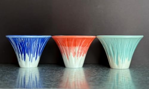 Japanese Sake Cup Mount Fuji Design Wine Soju Porcelain Ochoko Gifts (Blue Red Snow, 3 Ochoko) Blue Red Snow